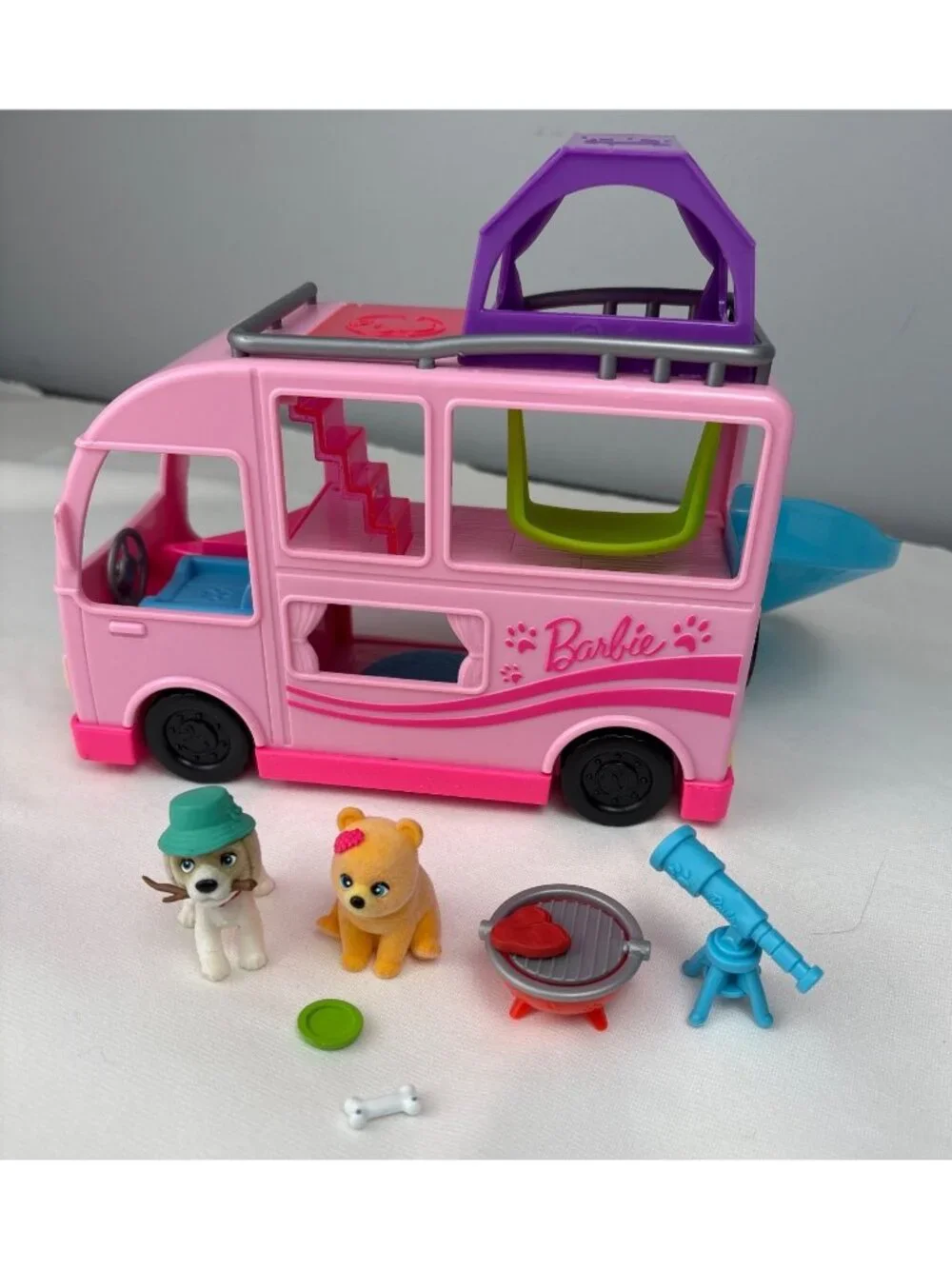 Barbie Pet Camper Playset w/ Accessories Figures Pink Slide Grill Pup Fun